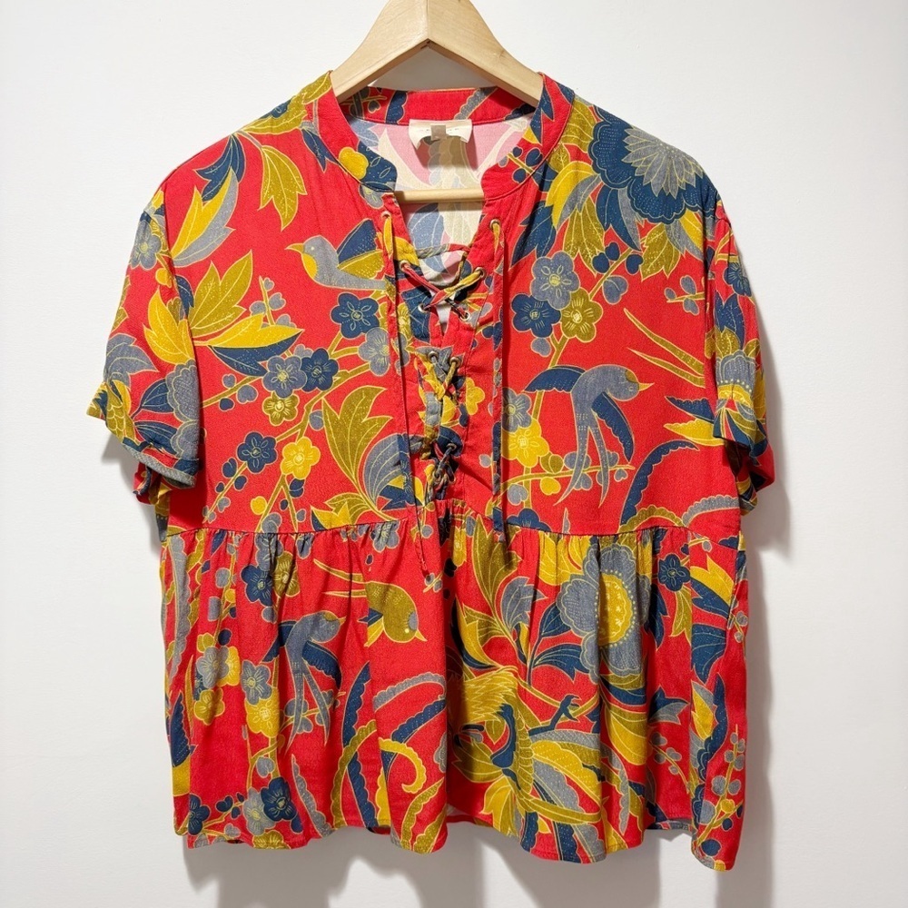 Sezane Floral Blouse Size Small Size 36 Oversized Peplum Tie Up Red Florsl Birds